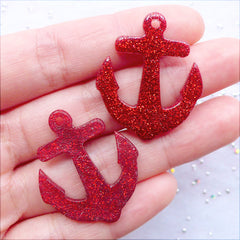 CLEARANCE Kawaii Charms | Anchor Resin Pendant with Glitter  | Glittery Nautical Cabochons | Phone Case Decoden | Card Making | Party Decoration (2 pcs / Red / 27mm x 32mm / Flat Back)