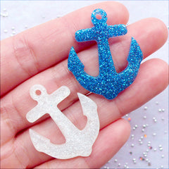 CLEARANCE Glittery Anchor Cabochon Charms | Kawaii Resin Pendant with Glitter | Nautical Jewellery Making | Decoden Cabochons | Phone Case Deco | Scrapbooking | Party Supplies (5 pcs / Assorted Mix / 27mm x 32mm / Flat Back)
