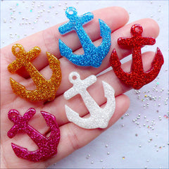 CLEARANCE Glittery Anchor Cabochon Charms | Kawaii Resin Pendant with Glitter | Nautical Jewellery Making | Decoden Cabochons | Phone Case Deco | Scrapbooking | Party Supplies (5 pcs / Assorted Mix / 27mm x 32mm / Flat Back)