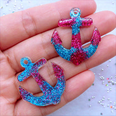 CLEARANCE Kawaii Resin Charms | Nautical Pendant with Glitter | Glittery Anchor Cabochons | Decoden Craft Supplies | Phone Case Decoration | Scrapbook Embellishments (2 pcs / Magenta & Blue / 27mm x 32mm / Flat Back)