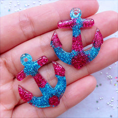 CLEARANCE Kawaii Resin Charms | Nautical Pendant with Glitter | Glittery Anchor Cabochons | Decoden Craft Supplies | Phone Case Decoration | Scrapbook Embellishments (2 pcs / Magenta & Blue / 27mm x 32mm / Flat Back)