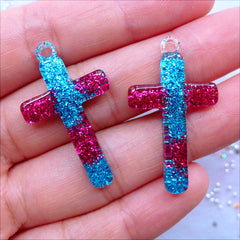 Resin Cross Charms | Glittery Cross Pendant | Cross Cabochon with Glitter | Religion Decoden Pieces | Kawaii Crafts | Harajuku Kei Jewelry Making | Cell Phone Case Deco (2 pcs / Magenta & Blue / 19mm x 33mm / Flat Back)