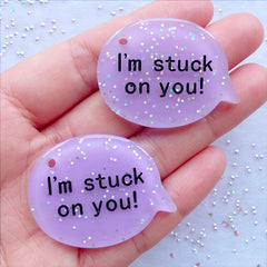 Glittery Resin Charms | I Am Stuck On You Speech Bubble Pendant with Glitter | DIY Valentine's Day Gift for Him | Kawaii Decoden Cabochon | Scrapbooking Embellishments (2 pcs / Purple / 40mm x 30mm / Flat Back)
