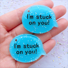 CLEARANCE I Am Stuck On You Charms | Glittery Word Pendant | Resin Speech Bubble Cabochon with Glitter | Gift for Boyfriend | Valentines Day Gift Making | Card Making | Kawaii Phone Case | Decoden Supplies (2 pcs / Aqua Blue / 40mm x 30mm / Flat Back)