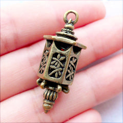 3D Lantern Charms | Filigree Lantern Pendant | Antique Oriental Jewellery DIY | Asian Jewelry Making | Bookmark Charm | Keyring Charm | Zakka Charm Necklace | Earrings Making (1 piece / Antique Bronze / 15mm x 35mm / 3D)