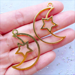 Crescent Moon and Star Open Bezel Charm | Hollow Star Moon Pendant | Outline Charm for UV Resin Filling | Epoxy Resin Craft Supplies | Kawaii Jewellery Making (2pcs / Gold / 25mm x 36mm)