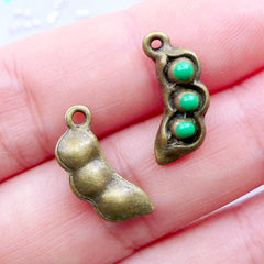 Small Pea Charms | Miniature 3D Peas in a Pod Pendant | Mini Green Pea Enamel Charm | Vegetable Charm | Food Jewellery Making | Charm Bracelet DIY (2pcs / Antique Bronze / 7mm x 17mm)