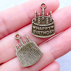 Happy Birthday Charms | Birthday Cake with Candles Pendant | Gift Decoration | Party Supplies | Favor Charm | Word Message Charm | Wine Glass Charm DIY | Card Making (4pcs / Antique Bronze / 15mm x 22mm)