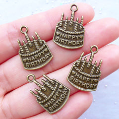 Happy Birthday Charms | Birthday Cake with Candles Pendant | Gift Decoration | Party Supplies | Favor Charm | Word Message Charm | Wine Glass Charm DIY | Card Making (4pcs / Antique Bronze / 15mm x 22mm)