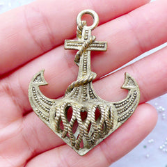 Large Anchor Charm | Nautical Anchor Pendant | Pirate Jewellery | Steampunk Charm | Charm Necklace | Keychain Making | Ocean Sea Boat Ship Jewelry (1 piece / Antique Gold / 35mm x 46mm / 2 Sided)