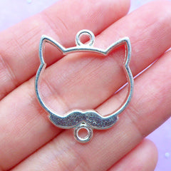 CLEARANCE Gentleman Cat with Mustache Open Back Bezel | Animal Connector Charm | Deco Frame for UV Resin Filling | Kawaii Jewellery Supplies (1 piece / Silver / 24mm x 28mm / 2 Sided)