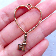 CLEARANCE Heart Key Open Bezel Pendant | Kawaii Key Charm | Outline Hollow Charm for Epoxy Resin Filling | UV Resin Art | Resin Jewelry DIY (1 piece / Gold / 26mm x 44mm)