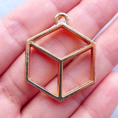 Square Cube Open Back Bezel Charm | Geometry Pendant | Kawaii UV Resin Jewelry | Metal Frame Pendant | Epoxy Resin Art Supplies (1 piece / Gold / 27mm x 34mm / 2 Sided)
