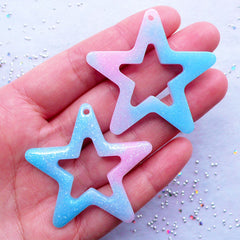 Kawaii Star Charms in Rainbow Galaxy Gradient Color | Large Star Outline Pendant | Resin Star Pendant | Magical Girl Jewelry Making (2pcs / Blue & Pink / 45mm x 44mm)