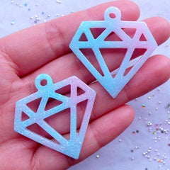 Resin Diamond Charms in Rainbow Galaxy Color | Outlined Diamond Pendant with Glitter | Kawaii Jewelry DIY | Pastel Kei Decoden (2pcs / Blue & Pink / 38mm x 39mm)