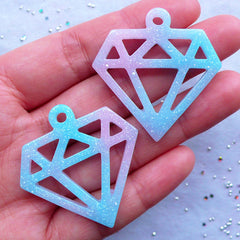 Resin Diamond Charms in Rainbow Galaxy Color | Outlined Diamond Pendant with Glitter | Kawaii Jewelry DIY | Pastel Kei Decoden (2pcs / Blue & Pink / 38mm x 39mm)
