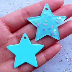 CLEARANCE Confetti Star Charms | Glittery Star Pendant | Kawaii Resin Jewellery | Decora Kei Decoden Pieces | Cell Phone Deco (2pcs / Blue / 39mm x 36mm)
