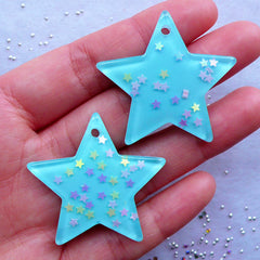 CLEARANCE Confetti Star Charms | Glittery Star Pendant | Kawaii Resin Jewellery | Decora Kei Decoden Pieces | Cell Phone Deco (2pcs / Blue / 39mm x 36mm)