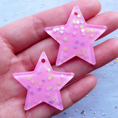 Kawaii Confetti Star Charms | Resin Star Pendant | Glittery Decoden Cabochon | Fairy Kei Jewelry Making | Phone Case Embellishments (2pcs / Pink / 39mm x 36mm)