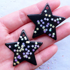 Kawaii Goth Star Charms with Confetti | Resin Star Cabochon | Glittery Star Pendant | Decoden Phone Case | Decora Kei Jewellery Making | Phone Embellishments (2pcs / Black / 39mm x 36mm)