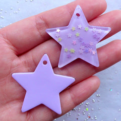 Confetti Star Pendant with Star Glitter | Kawaii Resin Cabochon | Decoden Star Charm | Mahou Kei Jewelry | Cute Embellishments (2pcs / Purple / 39mm x 36mm)