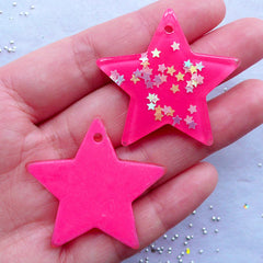 CLEARANCE Kawaii Star Pendant with Star Confetti | Large Star Charm with Glitter | Decoden Resin Pieces | Magical Girl Jewelry | Cellphone Deco (2pcs / Dark Pink / 39mm x 36mm)