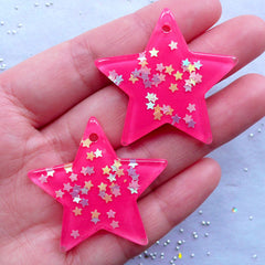 CLEARANCE Kawaii Star Pendant with Star Confetti | Large Star Charm with Glitter | Decoden Resin Pieces | Magical Girl Jewelry | Cellphone Deco (2pcs / Dark Pink / 39mm x 36mm)