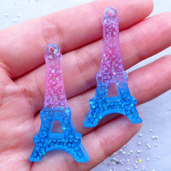 Eiffel Tower Resin Pendant | Galaxy Gradient Decoden Cabochon | Kawaii French Jewelry Making | Paris Travel Charm (2pcs / Pink & Blue / 22mm x 43mm / Flatback)