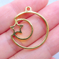 Kawaii Moon and Star Open Backed Bezel Charm for UV Resin Jewellery | Mahou Kei Jewelry | Magical Girl Charm | Deco Frame for Resin Filling (1 piece / Gold / 21mm x 23mm)