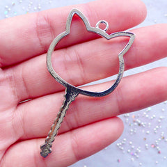 Kitty Wand Open Backed Bezel Charm | Cat Head Key Pendant | Kawaii Jewelry | Magical Girl | Mahou Kei | Outline Deco Frame for UV Resin Filling (1 piece / Silver / 30mm x 56mm)