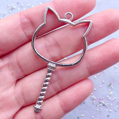 Kitty Wand Open Backed Bezel Charm | Cat Head Key Pendant | Kawaii Jewelry | Magical Girl | Mahou Kei | Outline Deco Frame for UV Resin Filling (1 piece / Silver / 30mm x 56mm)