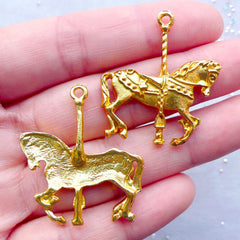 Carousel Horse Charm | Merry Go Round Pendant | Fairytale Jewelry Supplies | Kawaii Animal Charm (2 pcs / Gold / 29mm x 33mm)