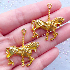 Carousel Horse Charm | Merry Go Round Pendant | Fairytale Jewelry Supplies | Kawaii Animal Charm (2 pcs / Gold / 29mm x 33mm)