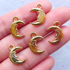 Small Crescent Moon Charm | Moon Face Pendant | Kawaii Charm Supplies | Mahou Kei Jewelry Making (5 pcs / Gold / 12mm x 16mm / 2 Sided)