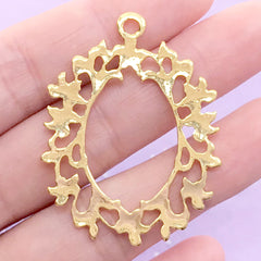 Floral Deco Frame Charm | Hollow Oval Pendant with Flower Border | Open Backed Bezel for UV Resin Filling | Resin Jewelry Findings (1 piece / Gold / 34mm x 43mm)