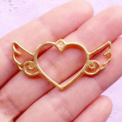 Winged Heart Open Back Bezel Pendant for UV Resin Crafts | Kawaii Charm | Heart with Angel Wing Charm | Hollow Deco Frame (1 piece / Gold / 41mm x 20mm)