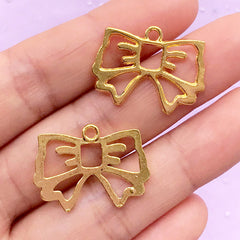 Kawaii Ribbon Open Backed Bezel Pendant | Deco Frame for UV Resin Filling | Cute Jewelry Findings (2 pcs / Gold / 25mm x 18mm)
