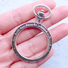 Round Pocket Watch Open Backed Bezel Pendant | Hollow Pocketwatch Charm | Deco Frame for Resin Filling | UV Resin Jewellery Making (1 piece / Tibetan Silver / 38mm x 56mm / 2 Sided)