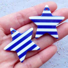 CLEARANCE Large Star Charms with Striped Pattern | Resin Star Pendant | Kawaii Chunky Jewelry Making | Decora Kei Accessories | Pop Kei Decoden (2 pcs / Dark Blue / 36mm x 34mm / 2 Sided)