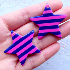 Striped Star Charms | Large Resin Stars | Kawaii Star Pendant | Chunky Jewellery Supplies | Colorful Decora Kei Decoden | Pop Kei Accessories (2 pcs / Pink & Blue / 36mm x 34mm / 2 Sided)