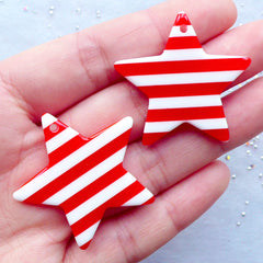 Stripe Star Resin Charms | Big Star Pendant | Kawaii Jewelry Supplies | Colorful Chunky Accessory DIY | Rockabilly Decoden (2 pcs / Red / 36mm x 34mm / 2 Sided)