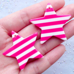 Star Charms with Stripe Pattern | Star Pendant | Kawaii Chunky Accessories DIY | Pop Kei Jewelry | Decoden Phone Case (2 pcs / Dark Pink / 36mm x 34mm / 2 Sided)