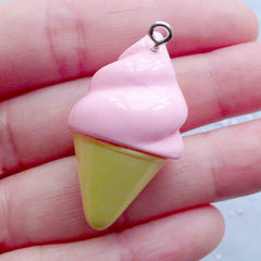 Kawaii Ice Cream Charm with Rhinestones | Fake Food Jewelry | Cute Sweets Pendant | Chunky Jewellery Making | Decoden Supplies (1 piece / Pink / 20mm x 35mm / 3D)