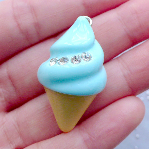 3D Ice Cream Pendant with Rhinestones | Fake Sweets Jewelry | Kawaii Food Pendant | Cute Chunky Jewelry Supplies | Decoden Phone Case (1 piece / Blue / 20mm x 35mm / 3D)