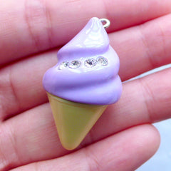 Cute Ice Cream Charm with Rhinestones | 3D Miniature Sweets | Kawaii Chunky Pendant | Decoden Supplies | Bag Charm DIY | Keychain Making (1 piece / Lavender Purple / 20mm x 35mm)