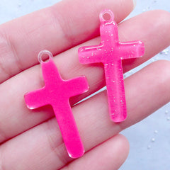 Glitter Cross Charms | Cross Resin Pendant | Kawaii Religion Jewelry Supplies | Decoden Crafts (3pcs / Dark Pink / 19mm x 33mm)