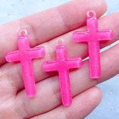 Glitter Cross Charms | Cross Resin Pendant | Kawaii Religion Jewelry Supplies | Decoden Crafts (3pcs / Dark Pink / 19mm x 33mm)