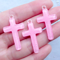 Kawaii Cross Charms with Glitter | Resin Cross Pendant | Cute Catholic Jewellery DIY | Decoden Embellishments (3pcs / Pink / 19mm x 33mm)