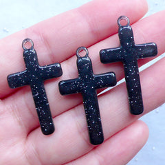 Kawaii Goth Cross Charms | Gothic Lolita Jewelry | Halloween Decoden Pieces | Resin Cabochon Pendant with Glitter (3pcs / Black / 19mm x 33mm)