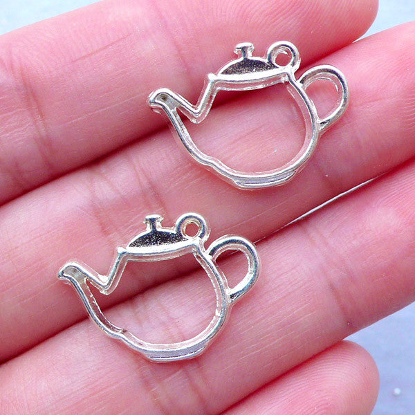 Teapot Open Back Bezel for UV Resin Craft | Outlined Tea Pot Charms | Alice in Wonderland Jewelry Making | Deco Frame for Resin Filling (2pcs / Silver / 21mm x 15mm)
